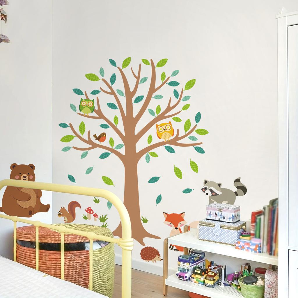 Cartoon Waldtier Baum Wandaufkleber für Kinderzimmer Schlafzimmer Wanddekoration
