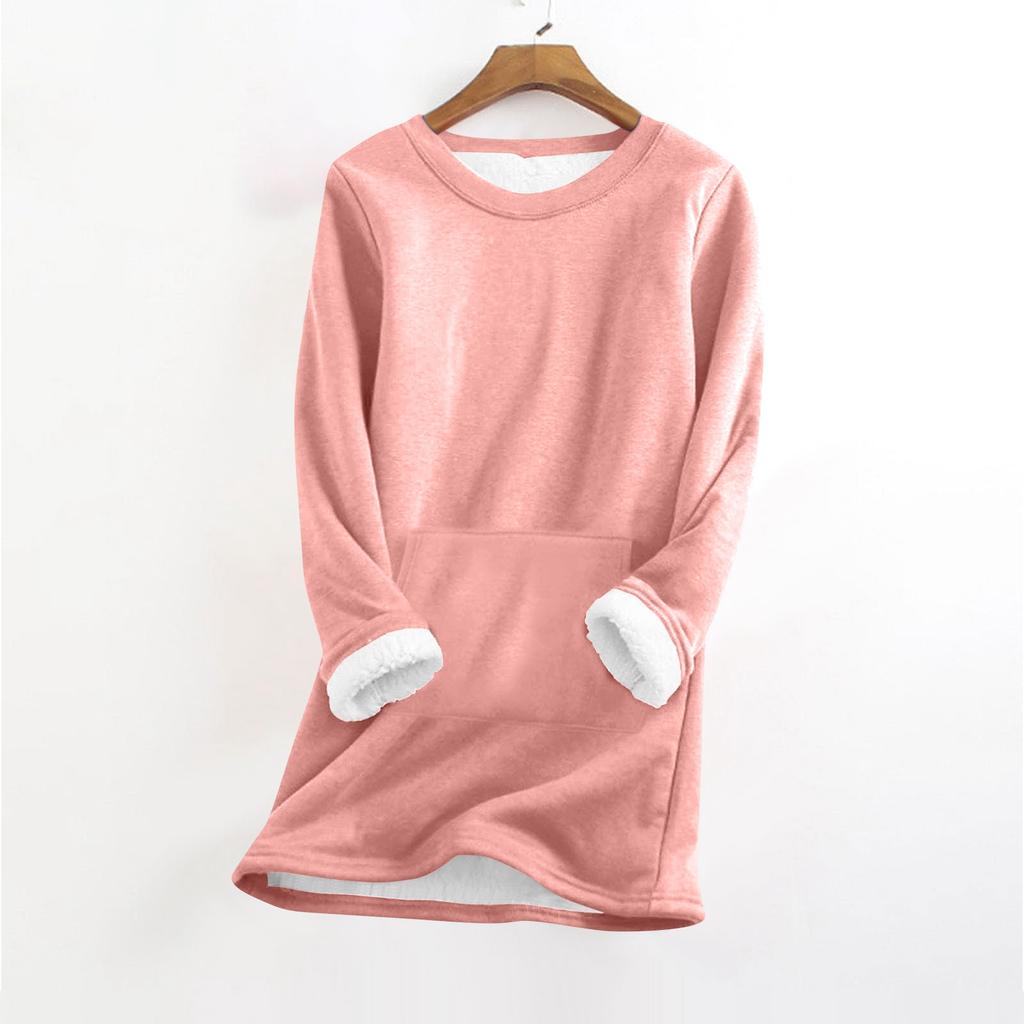 Women's Fashionable Solid Color Round Neck Long Sleeved Plush Warm Pullover Top