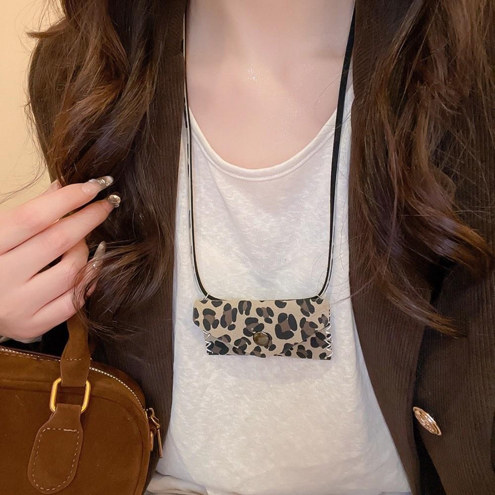 Collarbone Chain Leopard Leather Bag Necklace Storage Lipstick Jewelry Clavicle Chain  Women