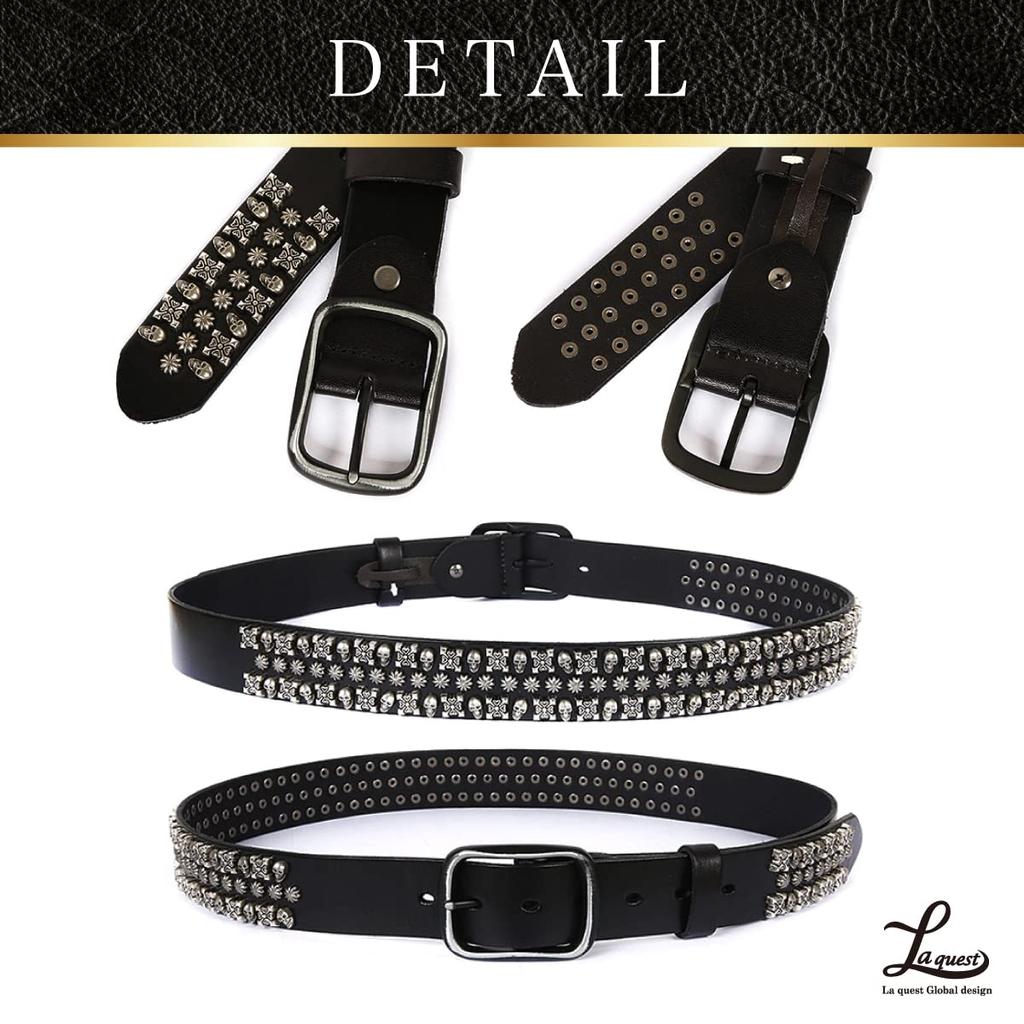 [Laquest] Skull Stud Belt for Men, Genuine Leather, Skull Studs, Leather, Rock, Metal, Visual Kei, Punk, Buckle (2. Brown)