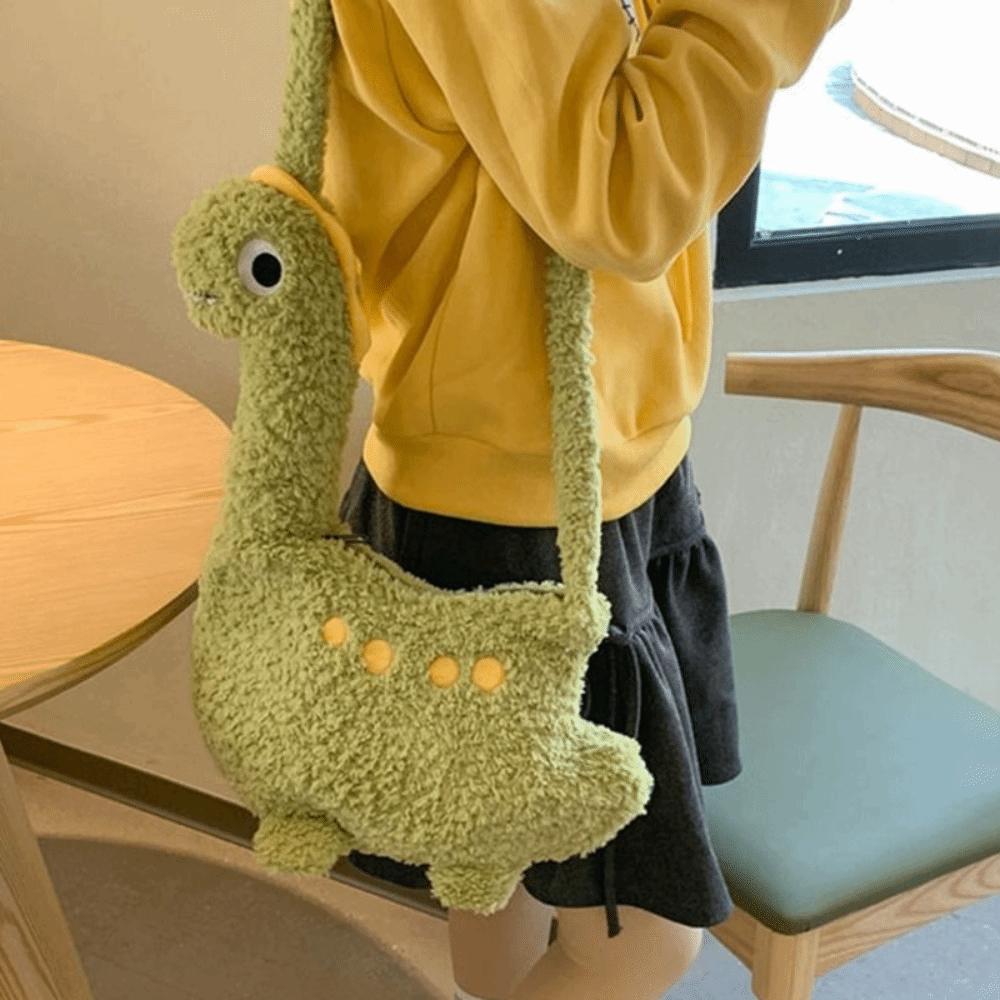 Zipper Long Neck Dinosaur Bag Plush Shoulder Bags Portable Cartoon Crossbody Bag  Streetwear