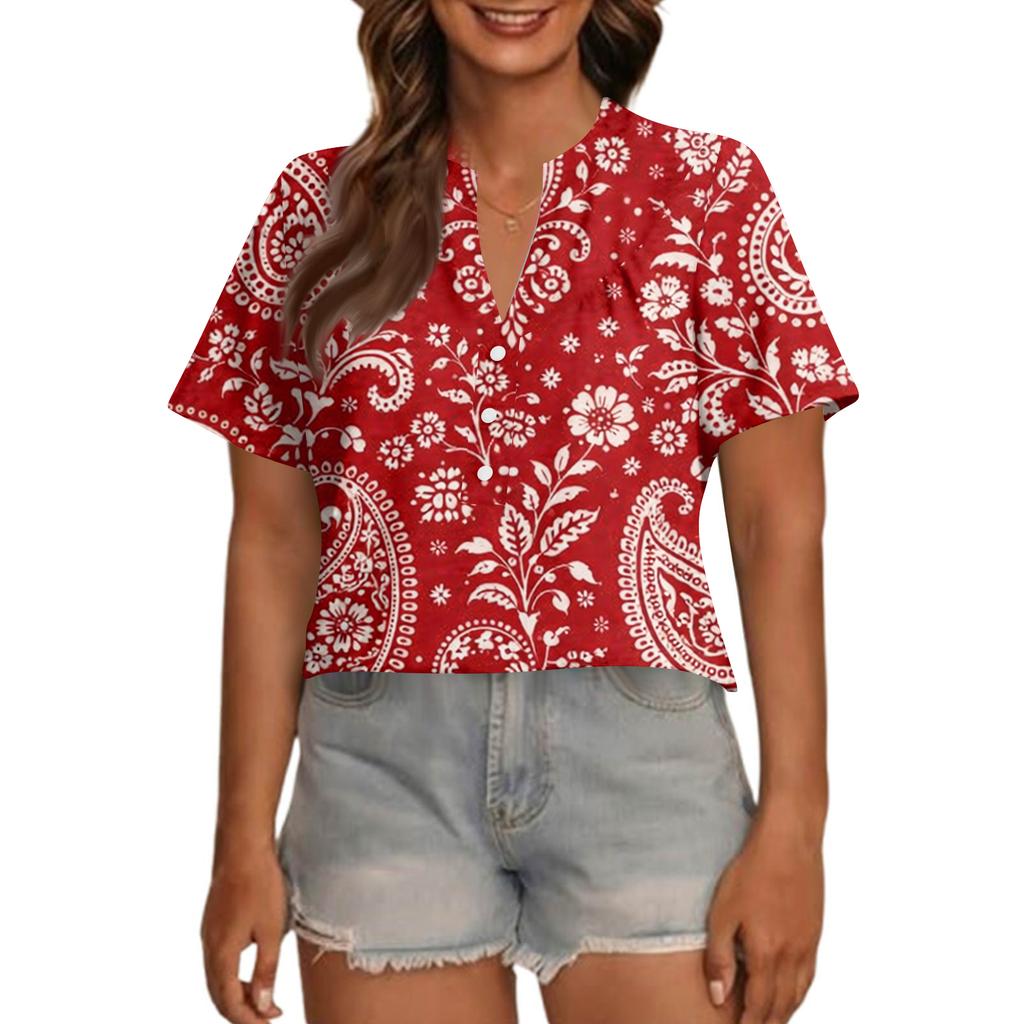 Women's Fashionable Casual V Neck Button Up Oversized Short Sleeve Printed Top