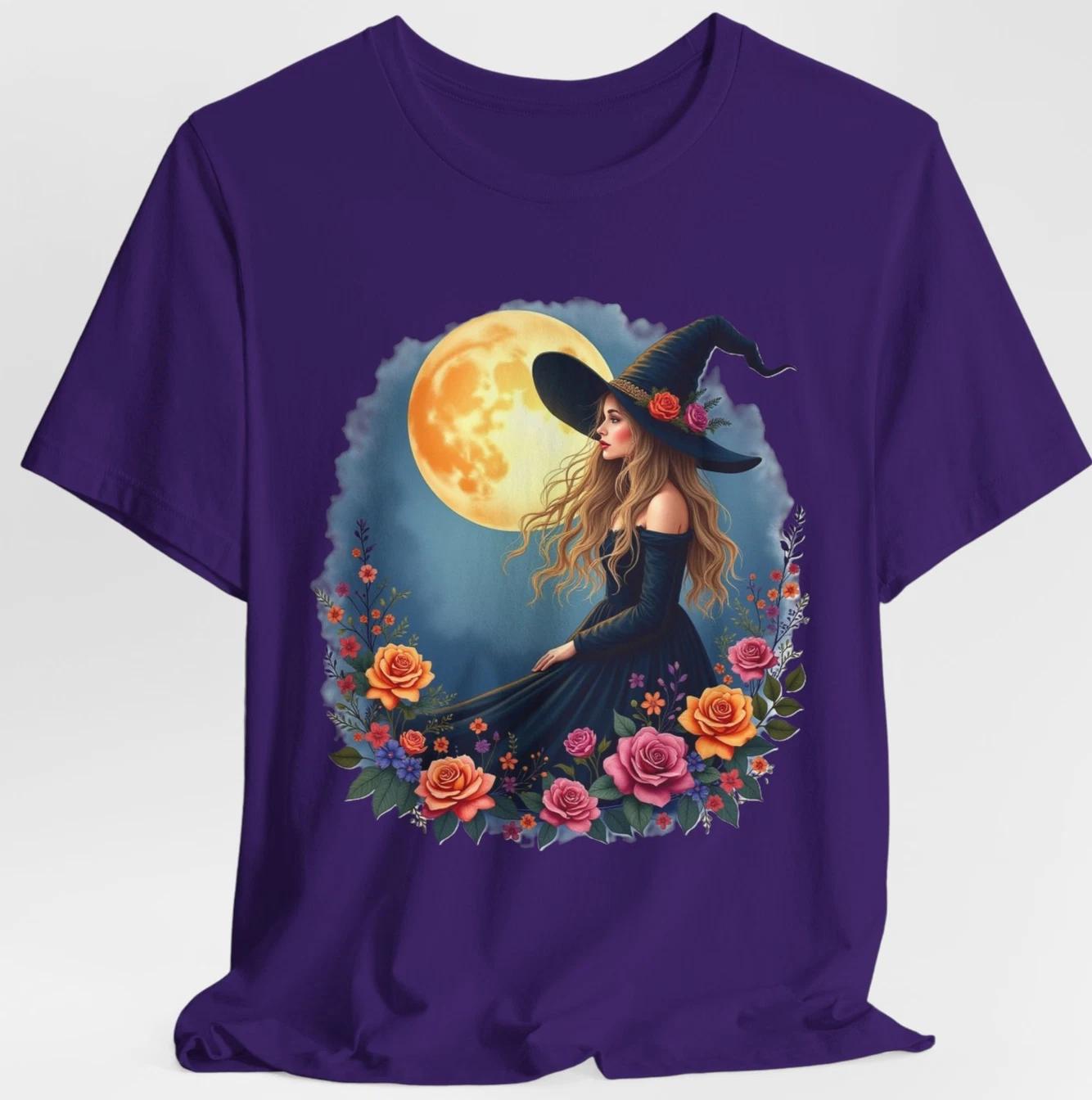 Witch Under Full Moon Roses T-Shirt Mystical Floral, Wiccan Aesthetic Halloween S