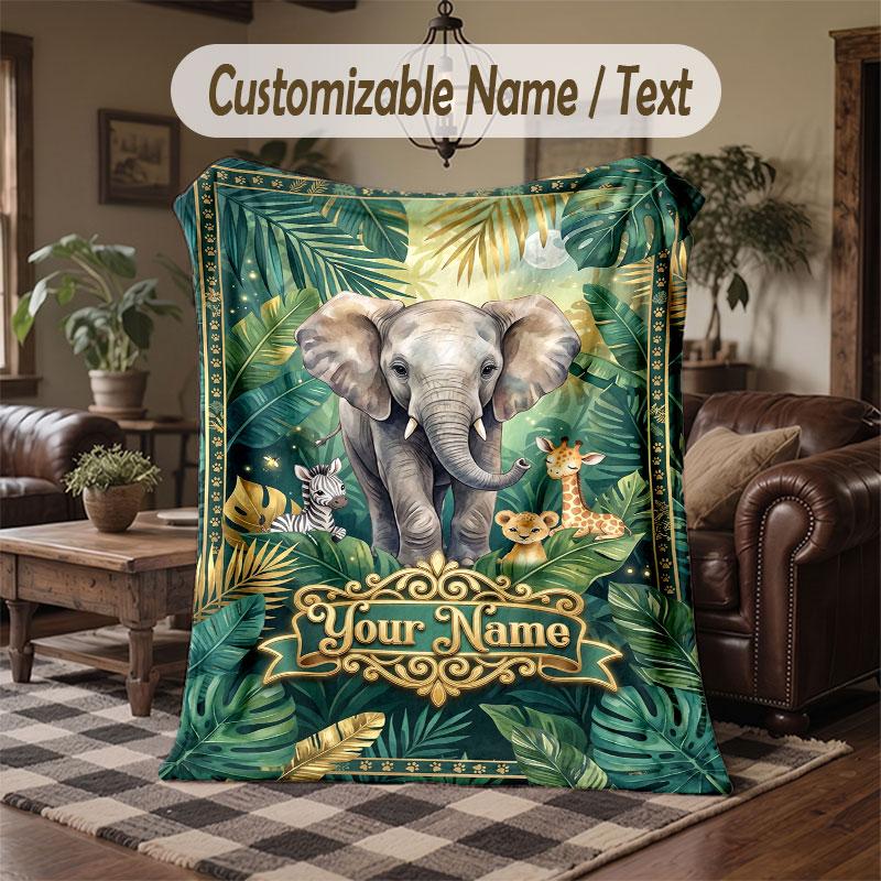 Wildlife Animals Theme Throw Blanket Custom Name Text Personalized Blanket Soft Cozy Blanket for Home Sofa Bed