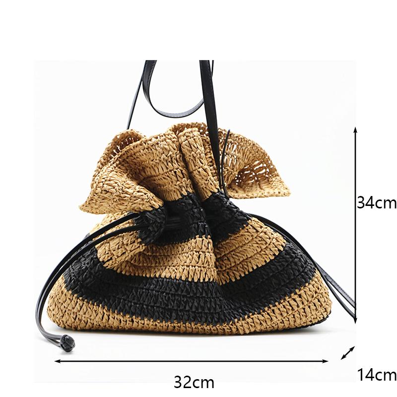 New Striped Crochet Bag Single-shoulder Tote Straw Bag Closed Women's Crossbody Bucket Bag Woven Beach Bag ARI