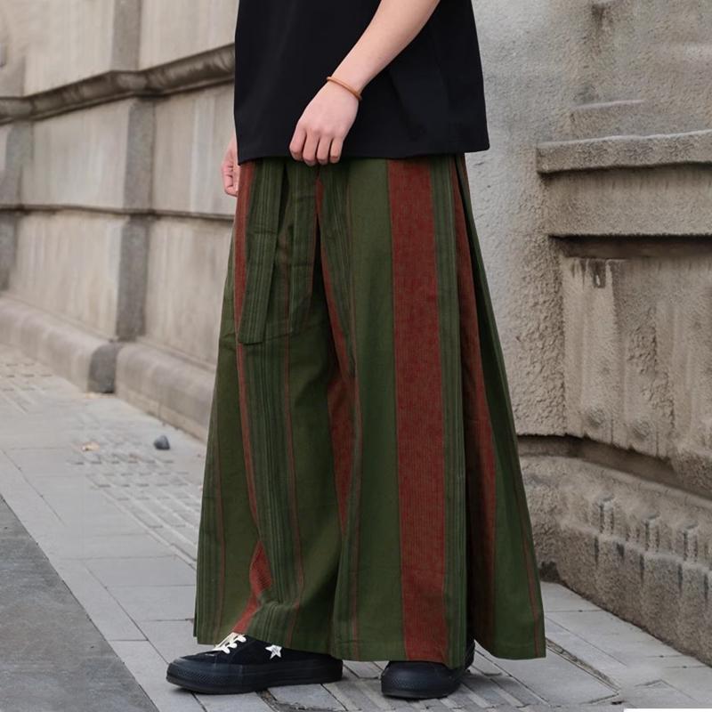 

INCERUN Мужские брюки с широкими штанинами, повседневные, с эластичной талией, полосатые, длинные зелёный