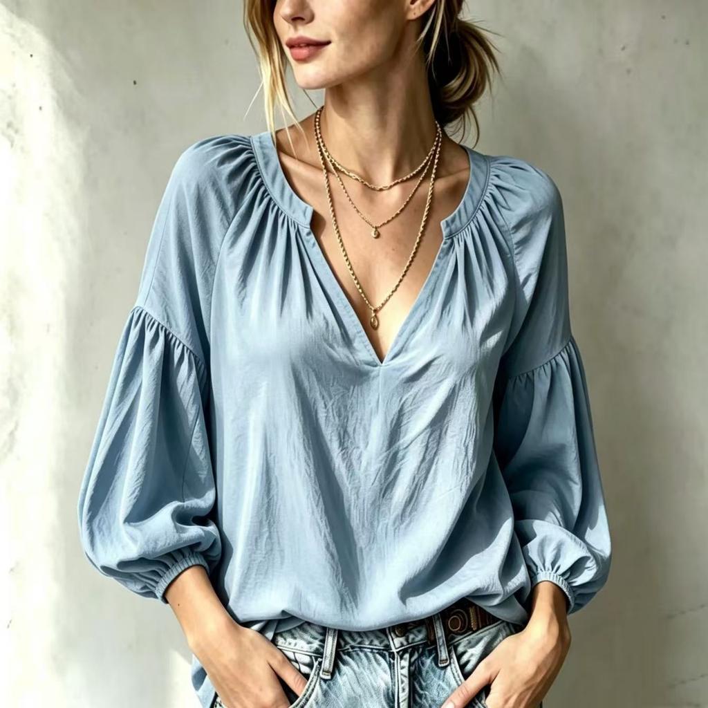 Women's V-Neck Blouse with Three-Quarter Sleeves, Loose Fit Pleated Color Casual Top
