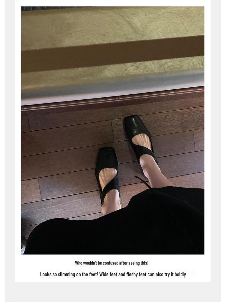 Women's Genuine Leather Ballet Flats, Autumn 2024, Square Toe, Chunky Heel, Vintage Low-Cut Mary Jane Shoes
