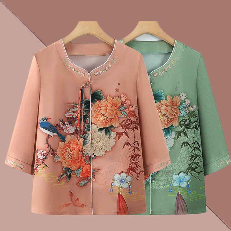 Floral Seven-Sleeve Shirt for Middle-Aged & Elderly Women – Chic Grandma Style, Summer Chinese Top