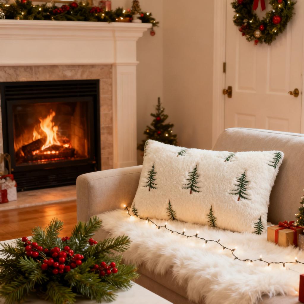 Weihnachts-Dekokissenbezüge, Bestickte Weihnachtsbäume, Winter-Sofabezüge, Plüsch-Kissenbezugsdekorationen(Ein einzelner Kissenbezug ohne Kissen)