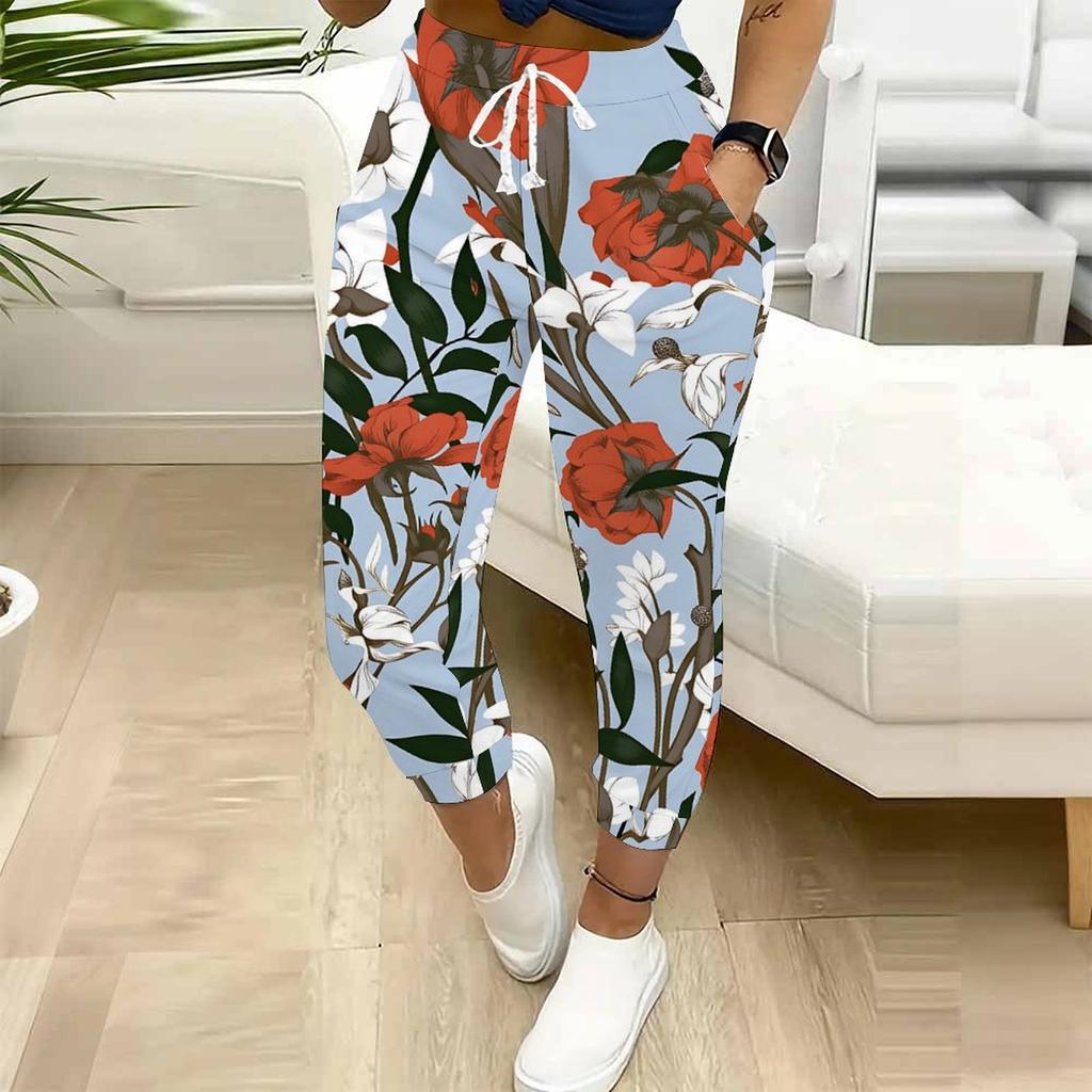 Summer Ladies Fresh Watercolor Printed Sweatpants Loose Fit Drawstring Joggers Elastic Cuff Daily Casual Pants