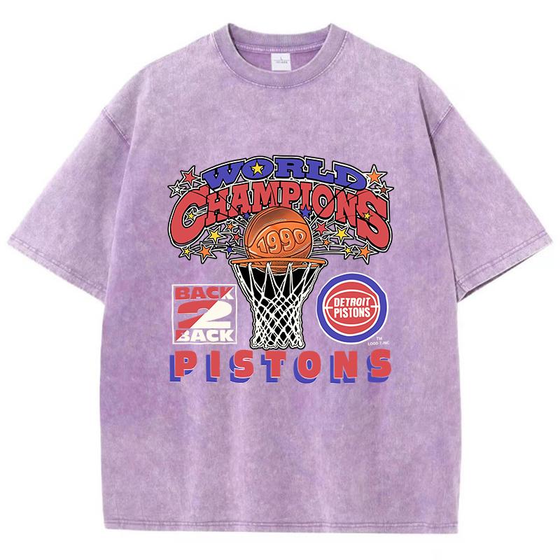Vintage Womans Acid Wash T-Shirts World Championships Pistons Prints Tops Crewneck Cotton Oversize Tee Shirts Clothes