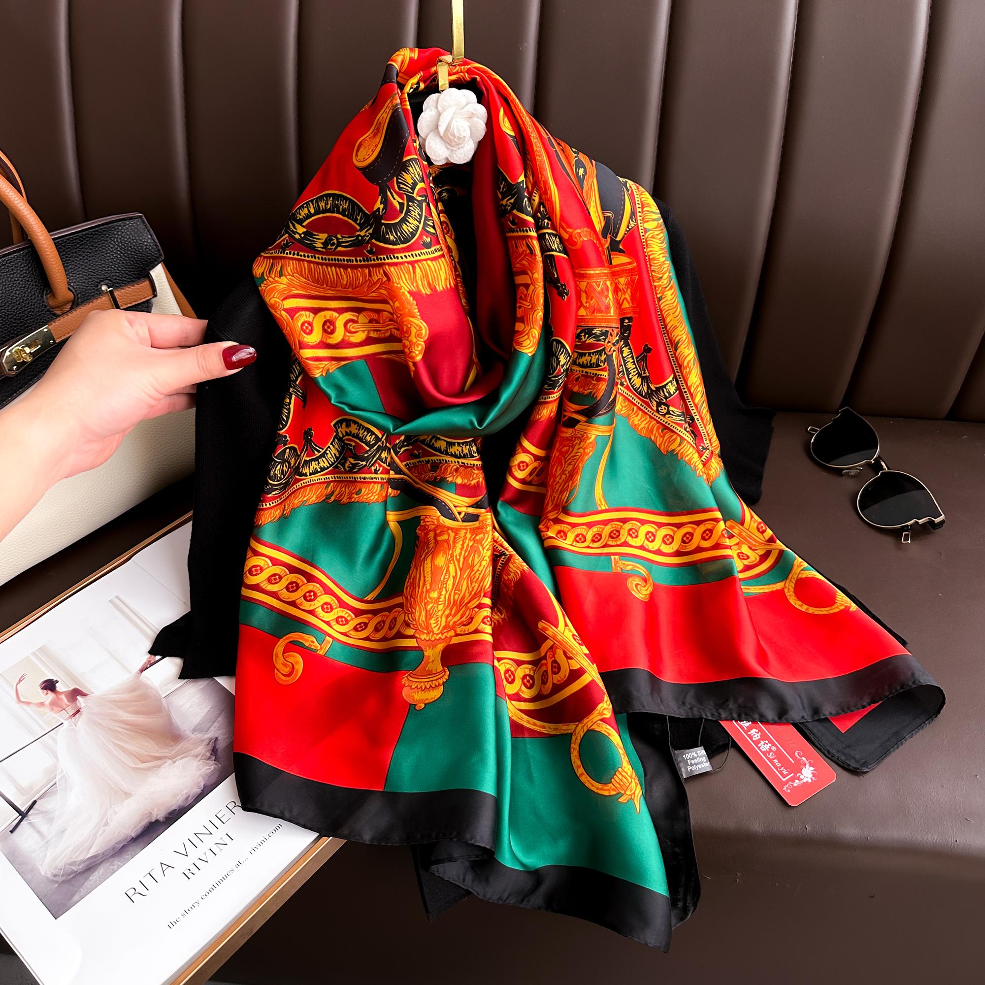

2024 180*90cm Luxury Brand Spring Summer Autumn Women Clothing New Fashion Color Matching Printed Silk Scarf Lady Shawl Turba коралл красный