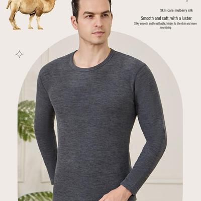 Conjunto de Roupa Íntima Masculina Quente de Lã e Seda Cor Camelo com Forro de Fleece - Gola Redonda, Ideal para Meia-Idade e Idosos Durante o Outono e Inverno, Estilo 8808