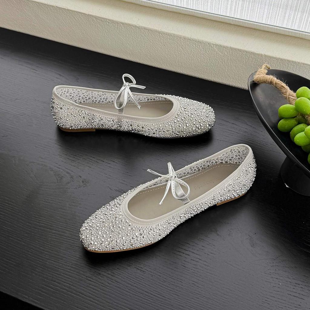 Krazing Pot Air Mesh Sheep Skin Flat with Crystal Beading Round Toe Jelly Shoes Party Summer Size 42 Women Flats