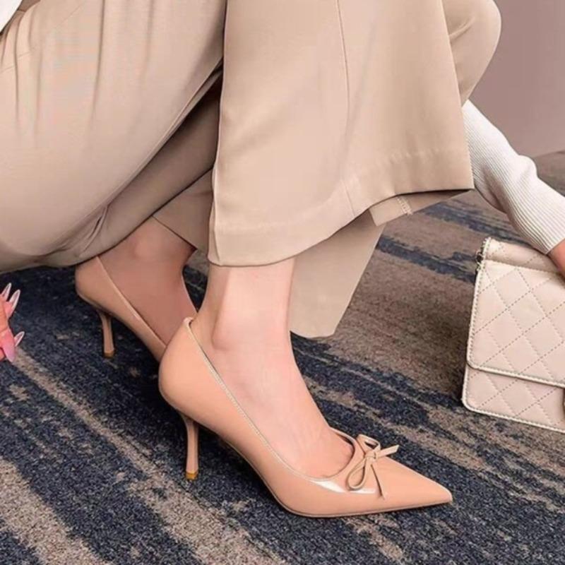 Fashion Bow Stiletto Single Shoes Autumn New Pointed Toe Patent Leather Slip Anti-Slip Wear-Resistant High Heels