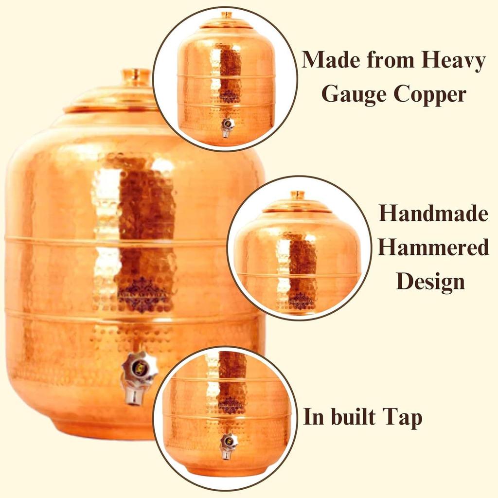 Pure Copper Hammered Design Water Pot/Dispenser/Container/Matka/Tank with Brass Tap, for Storage & Serving Water, Health Benefits, Volume-10 Liters