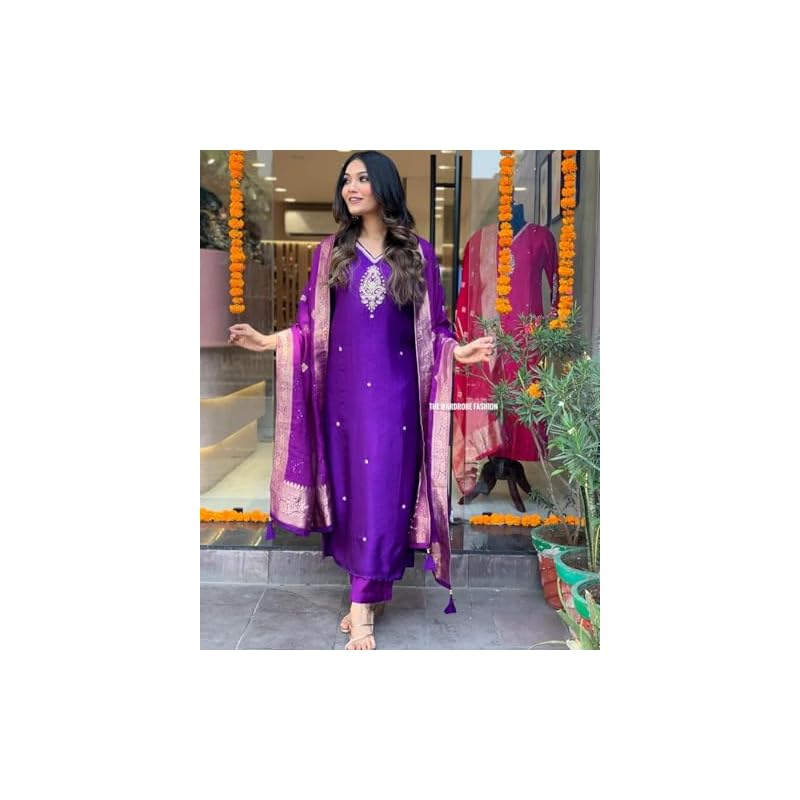 ANNI DESIGNER Women s Silk Blend Straight Embroidered Kurta with Pant & Dupatta (Premium Begani_XXL_Begani_XX-Large) XL