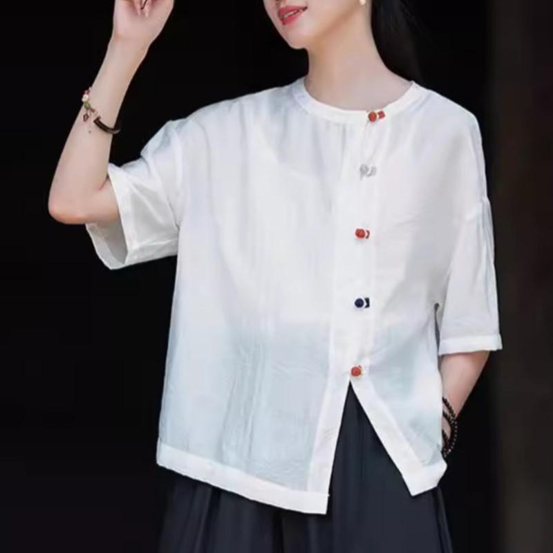 

Johnature Женские винтажные однотонные рубашки, топы с пуговицами, летние блузки в китайском стиле, повседневные мягкие рубашки One Size белый