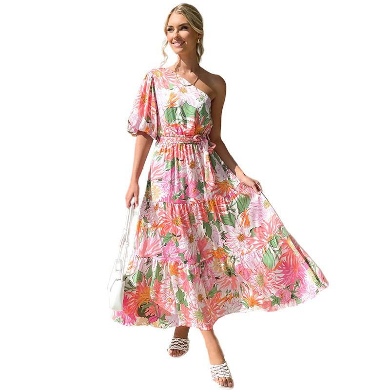 European and American diagonal shoulder long dress printed long pendulum dress slim casual dress