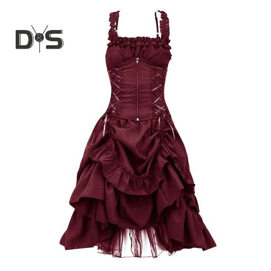 

Женское платье для косплея в готическом стиле, ведьма, многослойный сетчатый костюм с рюшами и подолом на Хэллоуин, на шнуровке, на бретельках, без воротника, на молнии, без рукавов, трапециевидной формы. L красный