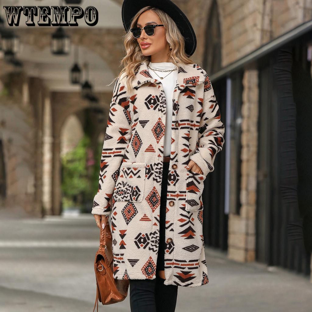 Cappotto Lungo Giacca da Donna a Senso Unico Stile Etnico Stampato Peluche Autunno Inverno