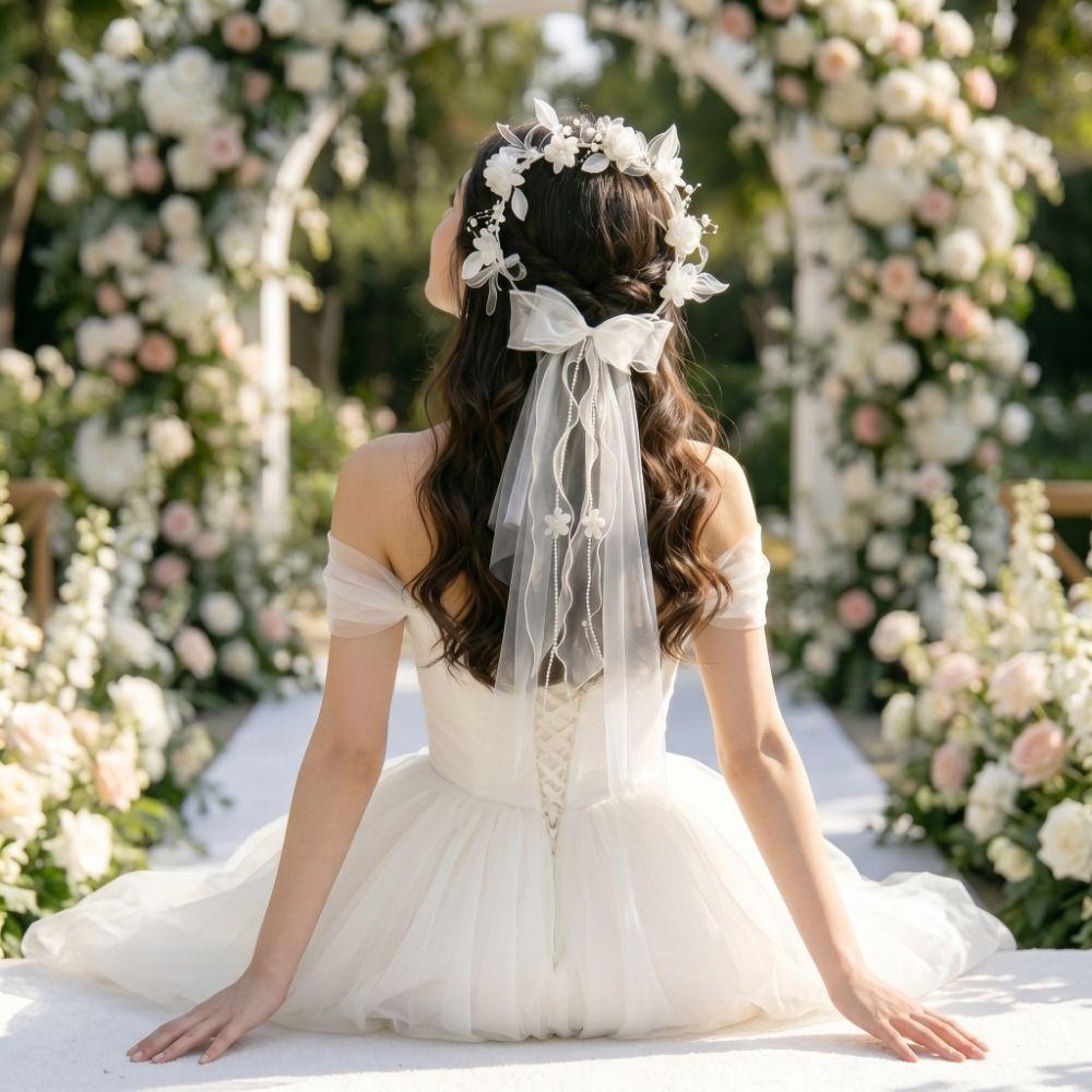 White Girls Head Gauze Polyester Flower Wreath Elegant Bow Veil Hair Hoop  Casual Daily Outing