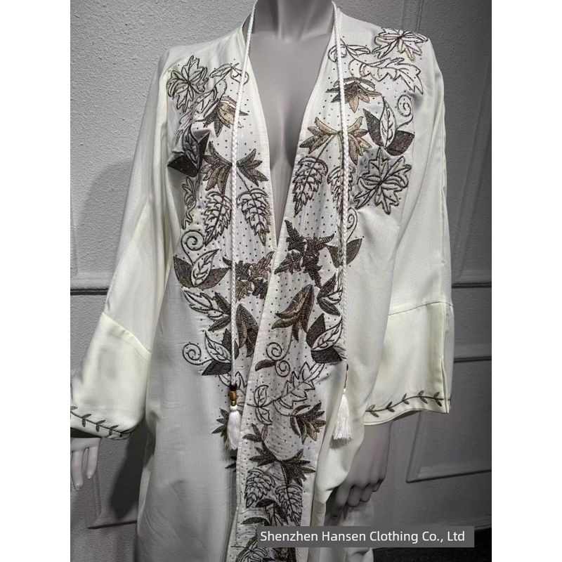 

Cross-Border Cardigan Embroidered Dinner Cloak Saudi Arabian Clothing Dubai Travel Tassel Belt Robe Robe Apricot Free size
