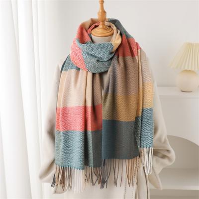 Korean Version Contrasting Color Plaid Long Autumn And Winter Warm Scarf Women'S Shawl Versatile Commuter Fringed Imitation Cashmere Scarf