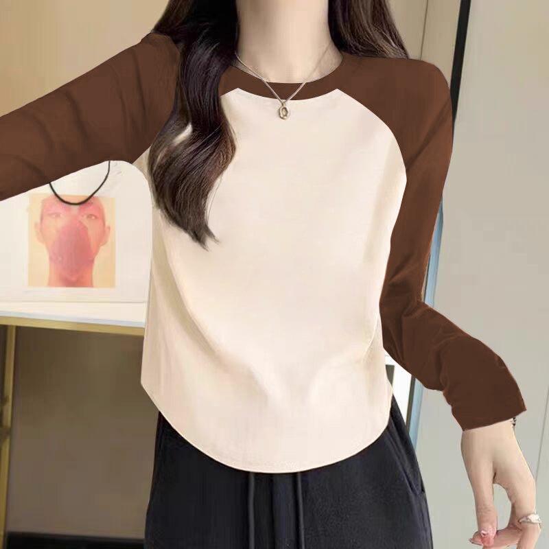 Women's Round Neck Raglan Long Sleeve T Shirt Slim Fit Color Block Patchwork Soft Fleece Pullover Basic Fall Layering Top