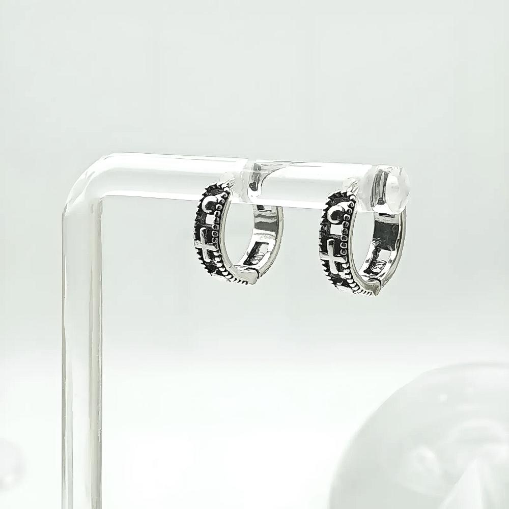 S925 Silver Vintage Cross Antique Huggie Hoop Earrings · From Korea