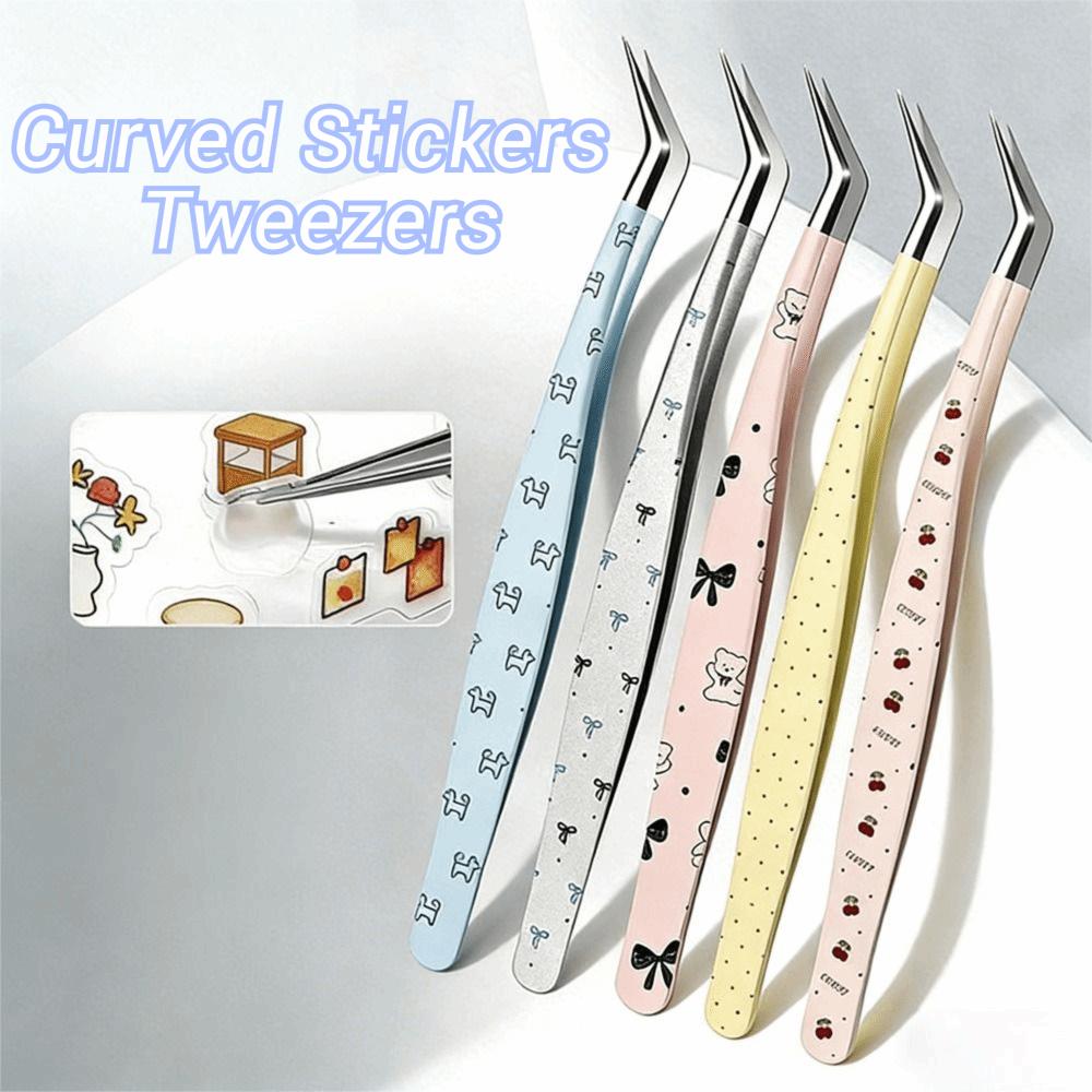 Stainless Steel Curved Stickers Tweezers High Precision Cartoon False Eyelash Tweezers Anti-static Lashes Extension Tweezer