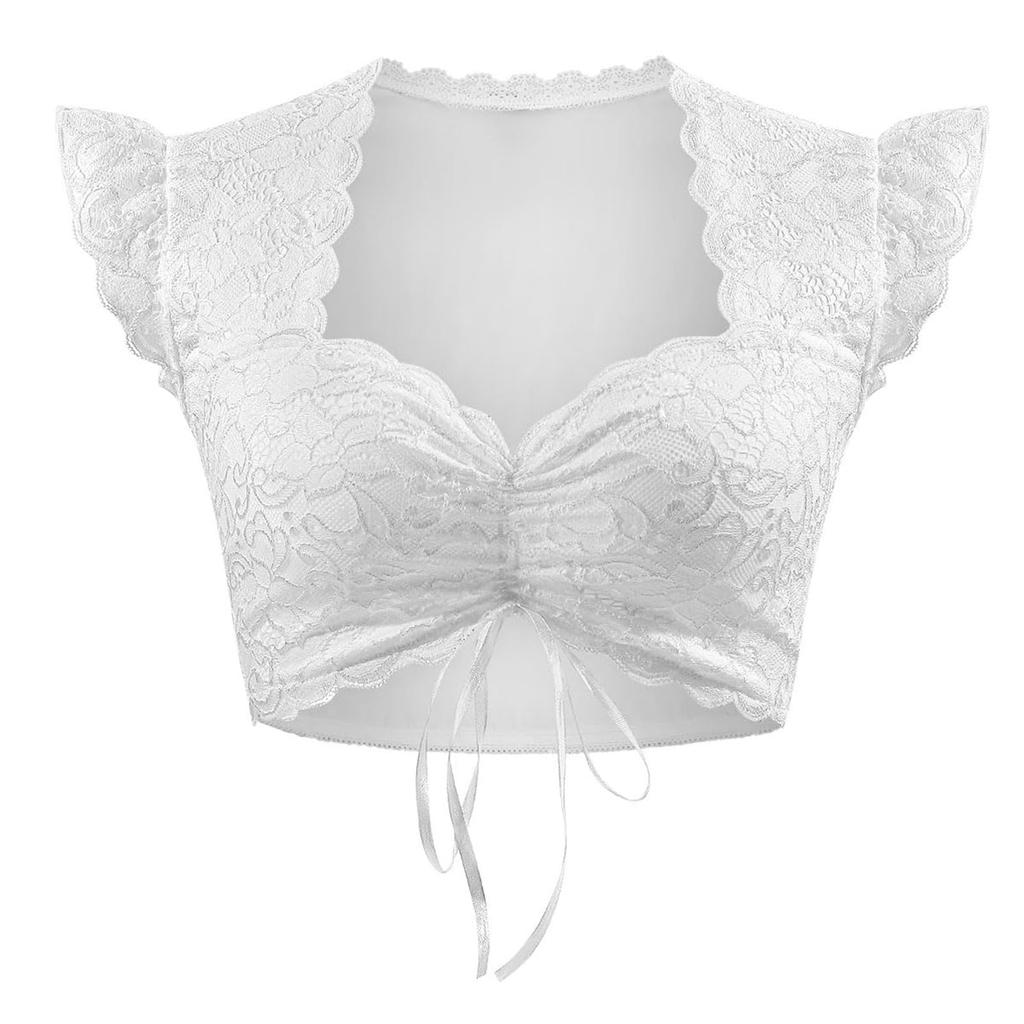 Damen Freizeit Crop Top Spitzenverzierungen Kurze Ärmel V-Ausschnitt Kordelzug Vorne Sommerbluse Enganliegend Stilvolles Design