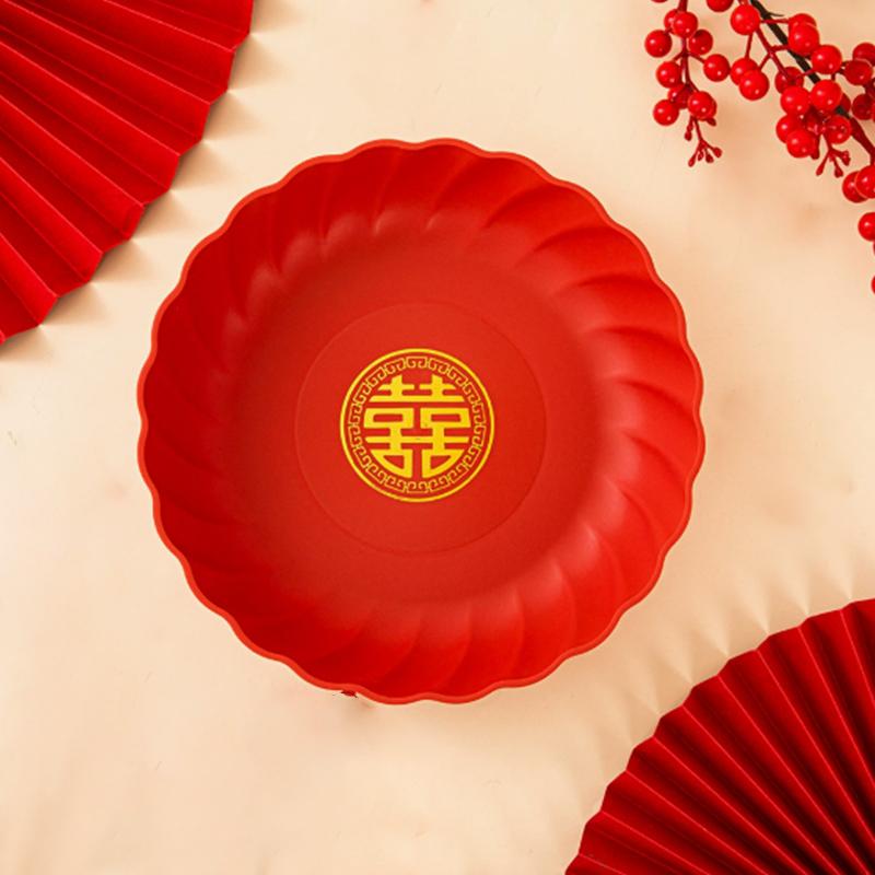 4Pcs Red Wedding Snack Tray Round Plastic Chinese  Year Nut Fruit Plate Chinese Thickened Serving Tray Entertainment