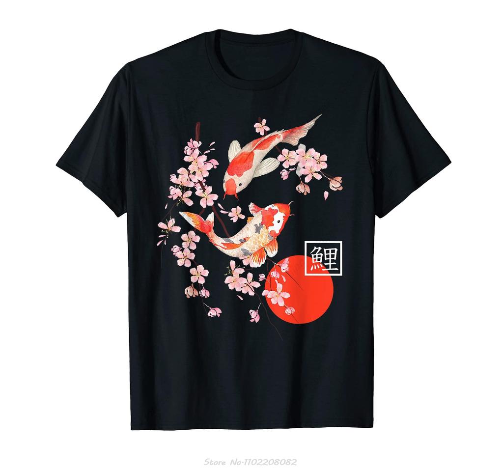 Cherry Blossom Koi Carp Fish Japanese Sakura Graphic Art TShirt Cotton Unisex Clothing Summer Causal Tshirt Fashion Oneck T Shirt