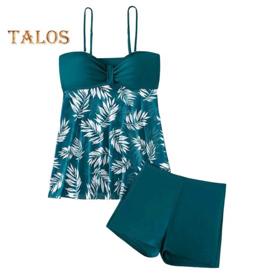 2Pcs/Set Women Summer Swimsuit Set Adjustable Straps Print Mesh Hem Bandeau Tops High Waist Swim Shorts Set