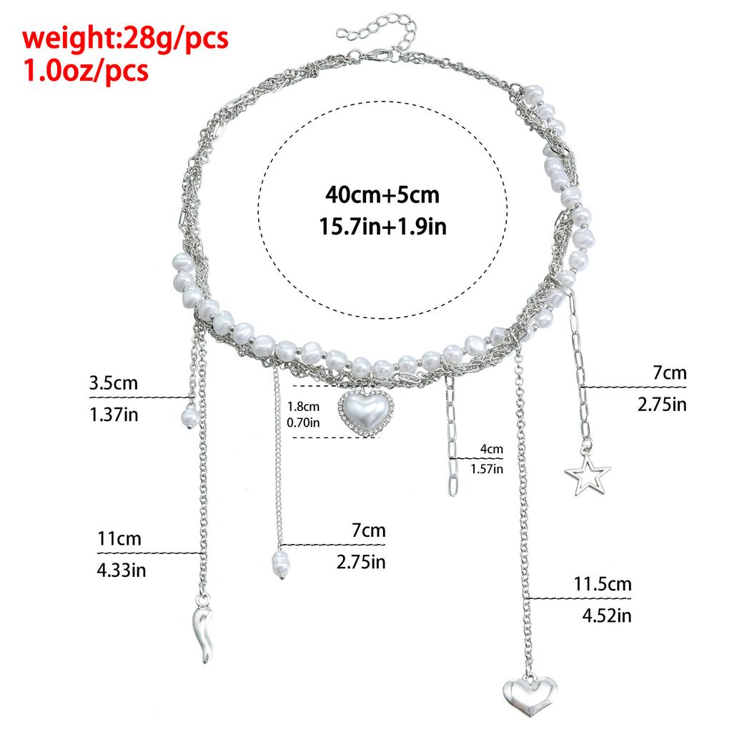 Multi-layer Heart-shaped Fringed Pearl Neck Chain Necklace Vintage Star Pendant Collarbone Chain