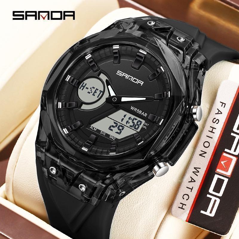 

SANDA Fashion Electronic Quartz Watches for Man Dual Display Students Luminous Alarm Clock Shockproof Sports Digital Watch чёрный/белый