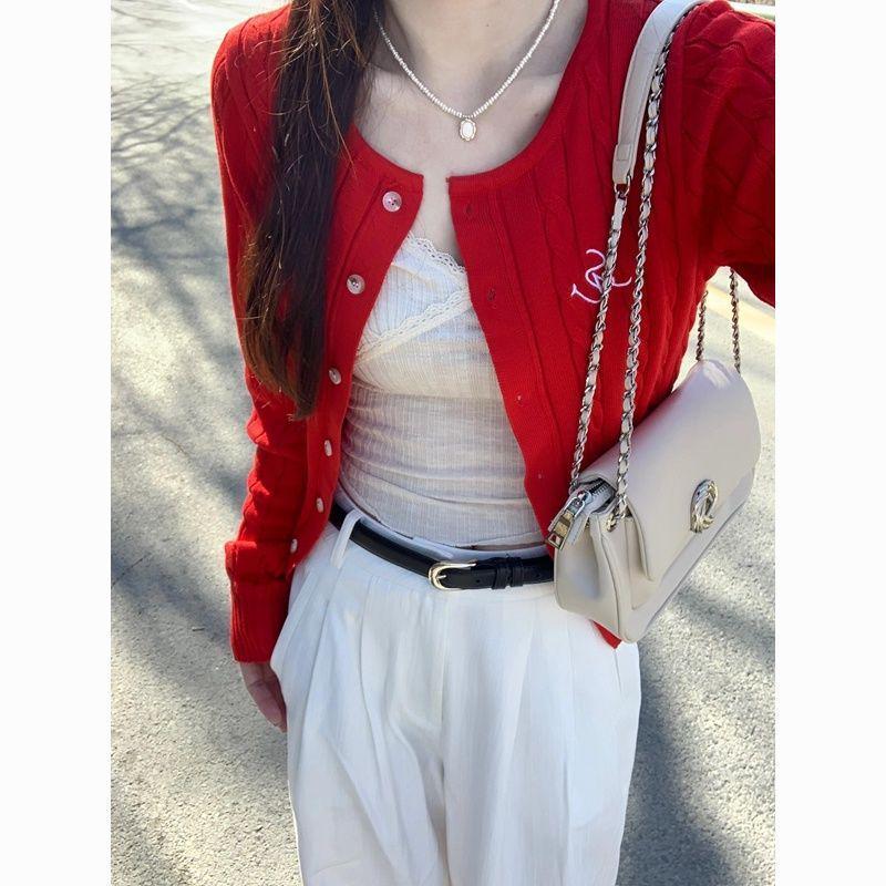 

Маленький женский кардиган красной вязки «косы»: Новый колледжский стиль для начала осени 2025 L (50-55 kg) красный