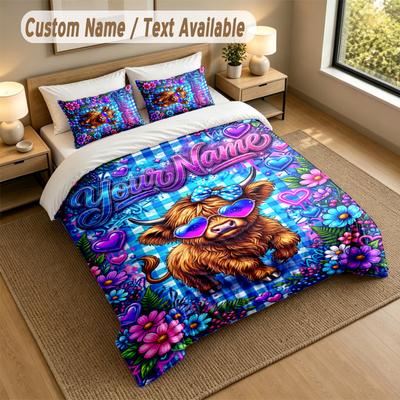 Cow Highland Theme Personalized 3Pcs Bedding Set Custom Text & Name 1 Sheet 2 Pillowcases Household Bedding 1pc