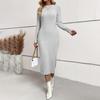 Women Slim Fit High Waist A-Line Long Dress Elastic Knitted Jacquard Long Sleeve O-Neck Spring Autumn Dresses S-XL