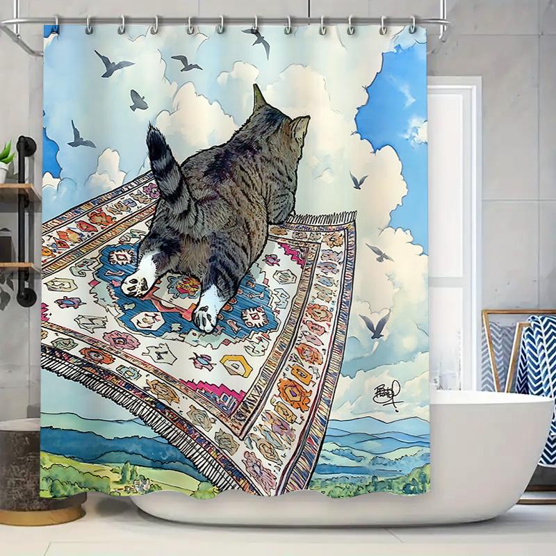 

Unique Cat Art Print Shower Curtain For Bathroom A Tabby Lying On Colorful Rug With Birds Flying Easy To Install And Maintain W60H190(CM)-1 Pcs