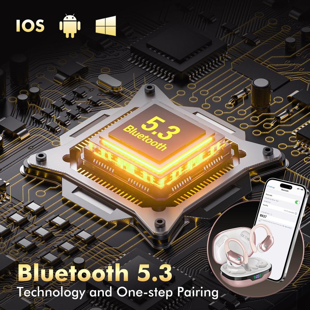 Bluetooth Wireless Earbuds [2025 Bluetooth Earbuds] Bluetooth 5.3 ENC Noise Cancelling, 80 Hours of Playback, IPX7 Waterproof, Ear Hook Design, Auto