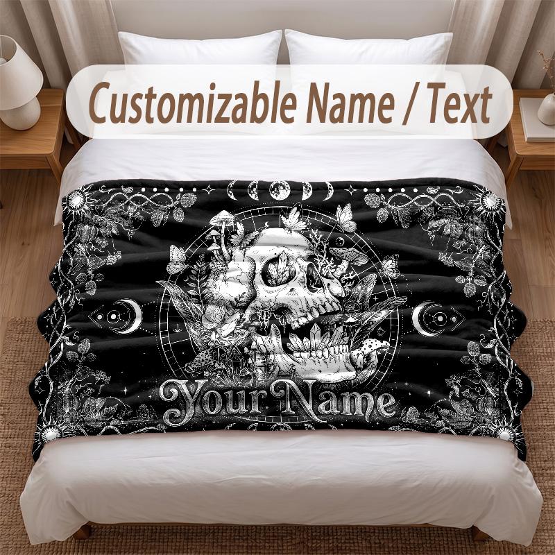 Skull Gothic Theme Soft Blanket Personalized Custom Name Text Print Warm Blanket Home Sofa Bedroom Decor
