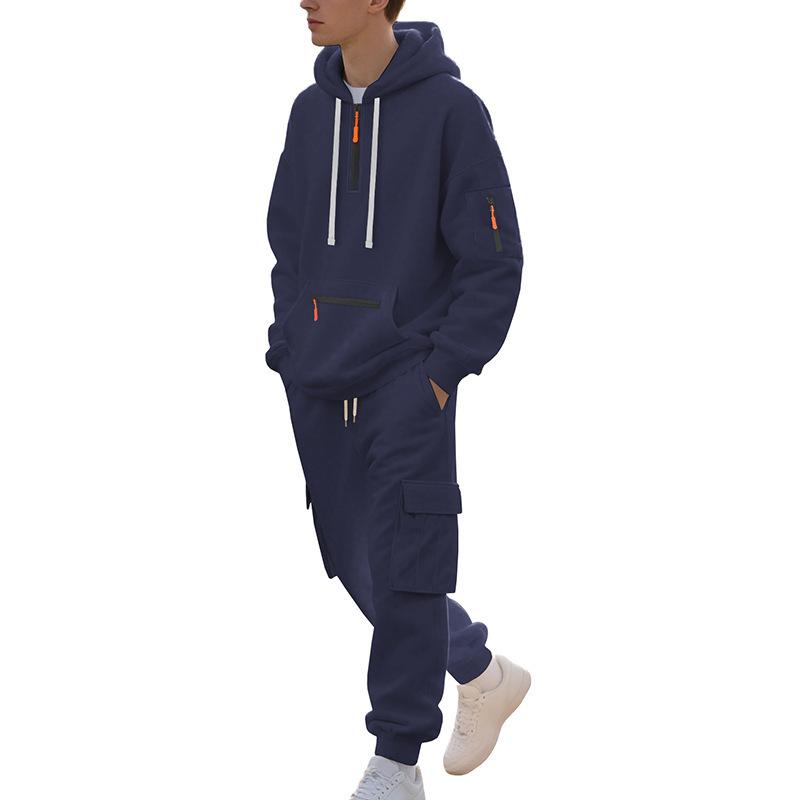 Mens Warm Thick Multiple Pockets Hooded Sweatshirt And Cuffed Sweatpants Two Piece Sports Set