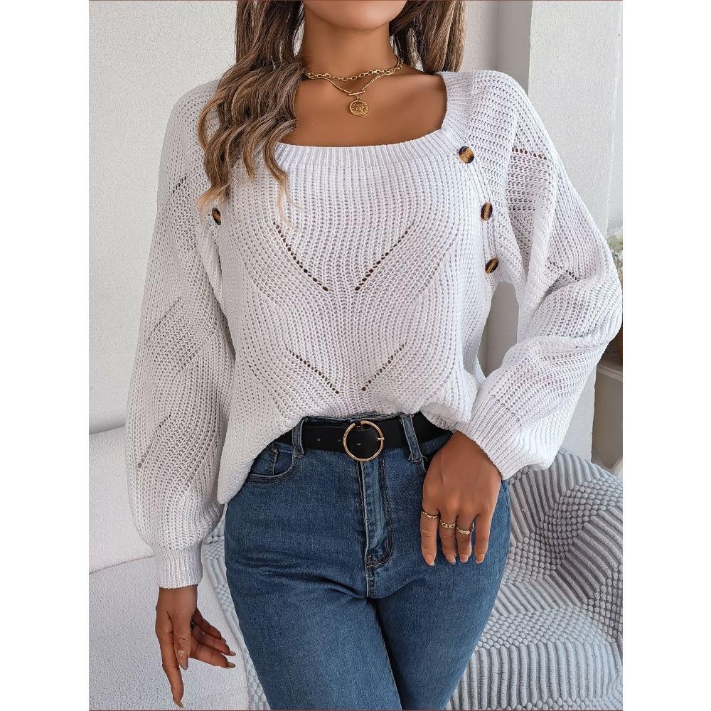 

Fashionable Women s Casual Square Neck Button-Front Solid-Colour Lace-Up Bell-Sleeve Knit Top S