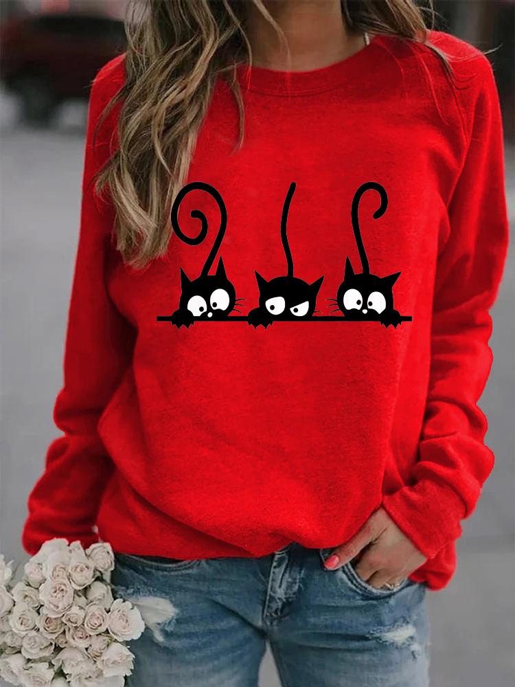 Women Winter Long Sleeved Casual Round Neck Black Cats Printed Loose Sweatshirt Tops & Blouses Plus Size T-shirts