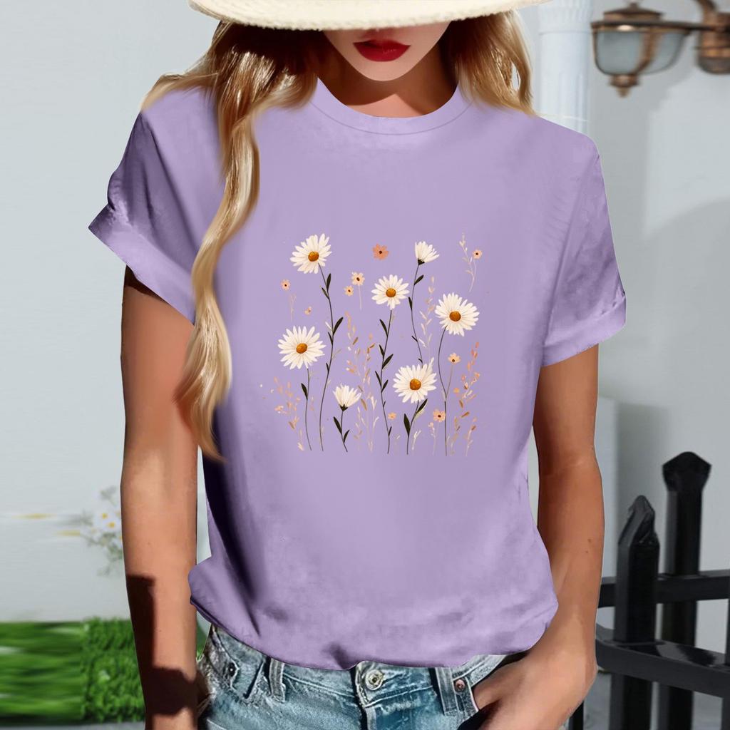 Damski modny T-shirt z krótkim rękawem z okrągłym dekoltem i casualowym nadrukiem retro