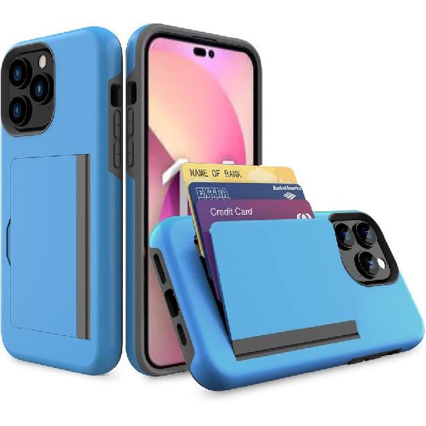 for iPhone 15 Pro Case with Card Holder,Credit Card Slot Protective Wallet Case - Blue