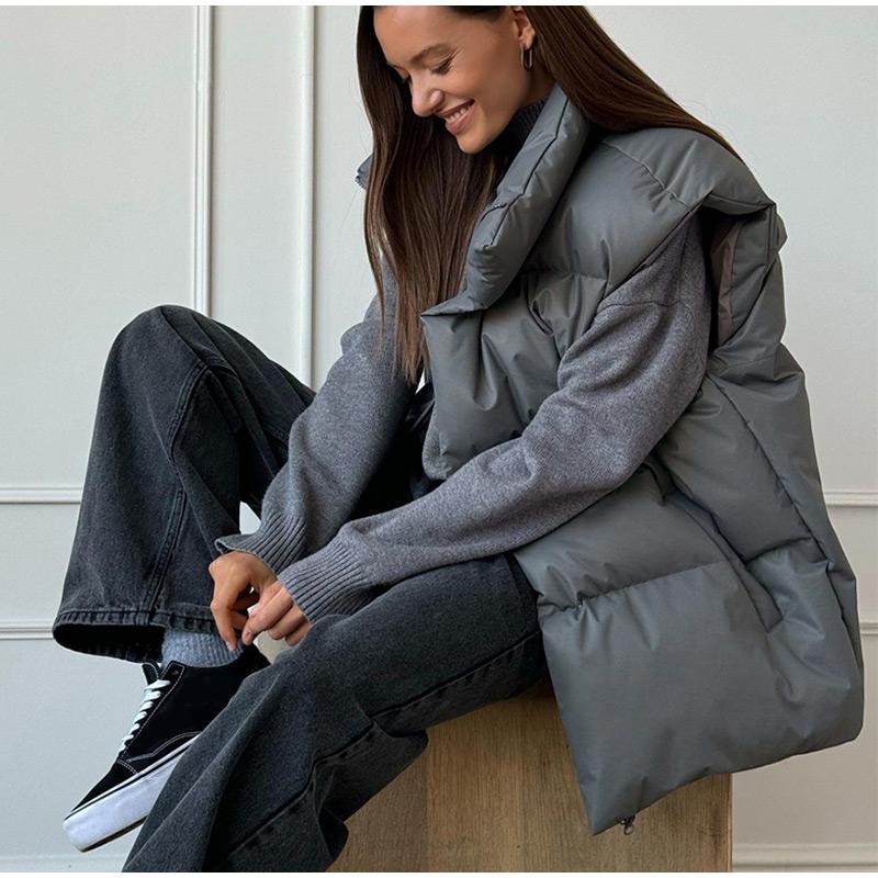 Autumn Winter Sleeveless Jacket Women Fashion Loose Thick Vest Solid Color Casual Sport Cotton Jacket Stand Collar Coat Warm Female Waistcoat